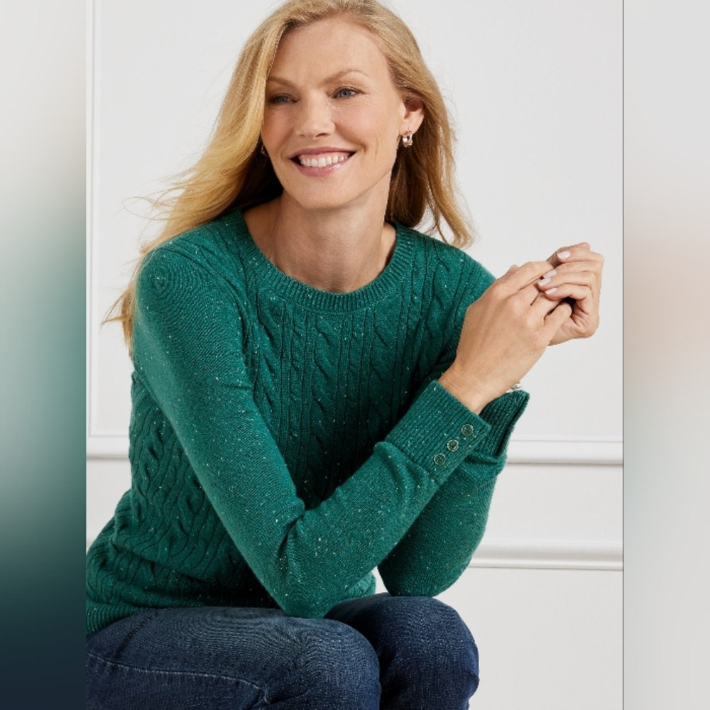 NWT Talbots Green Cotton Blend Button Cuff Cable Knit Tweed Sweater Size Small